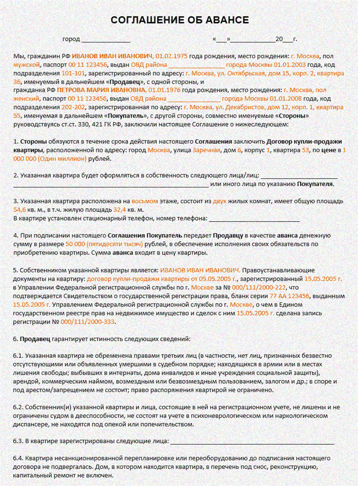 Соглашение об авансе при покупке квартиры образец между физическими лицами