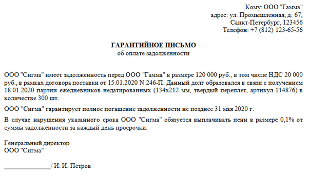 Образец письма гарантийного письма об оплате задолженности